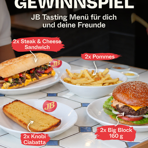 🔥 GEWINNSPIEL! EINMAL ALLES, BITTE! 🔥
2 x JB Steak & Cheese Sandwich?
2 x Big Block 160g?
2 x Knobi Ciabatta?
Sagen ...