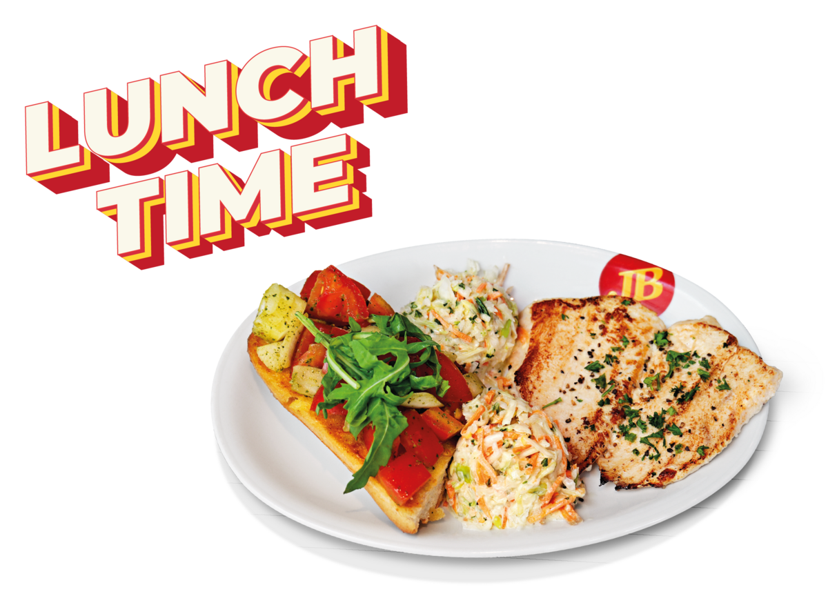 Jim Block Lunch Time Dienstag Lunch Time bei Jim Block: Gegrilltes Hähnchenbrustfilet mit Bruschetta und Coleslaw auf einem Teller - Dienstagsspecial.