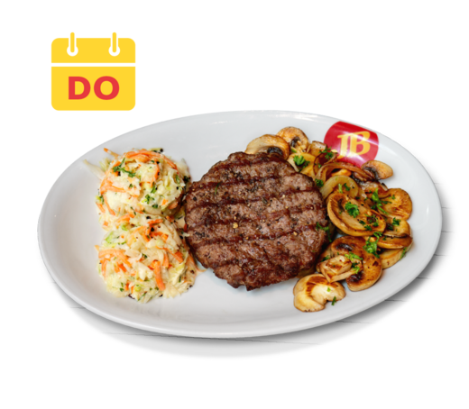 Jim Block Lunch Time Donnerstag 160g Regional Patty mit Coleslaw und Champignons mit Zwiebeln. Lunch Time am Donnerstag