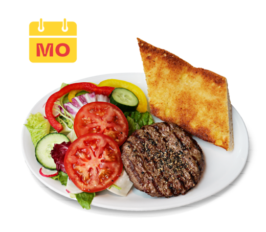 Jim Block Lunch Time Montag JB Salat klein, gegrilltem 160g Patty und ofenfrischem JB Brot. Lunch Time am Montag