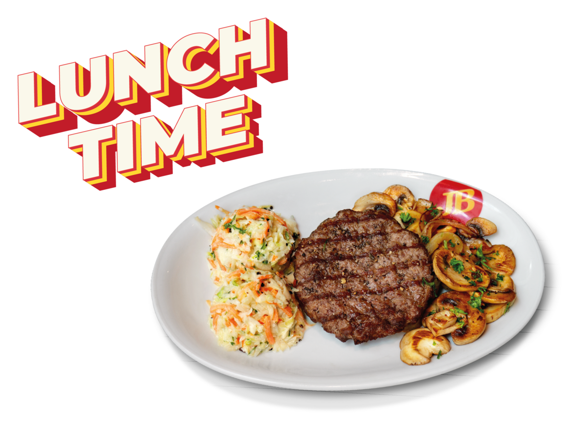 Jim Block Lunch Time Donnerstag „Lunch Time“-Teller mit gegrilltem Rindfleischpatty, Champignons mit Zwiebeln und zwei Portionen Coleslaw auf einem JB-Teller