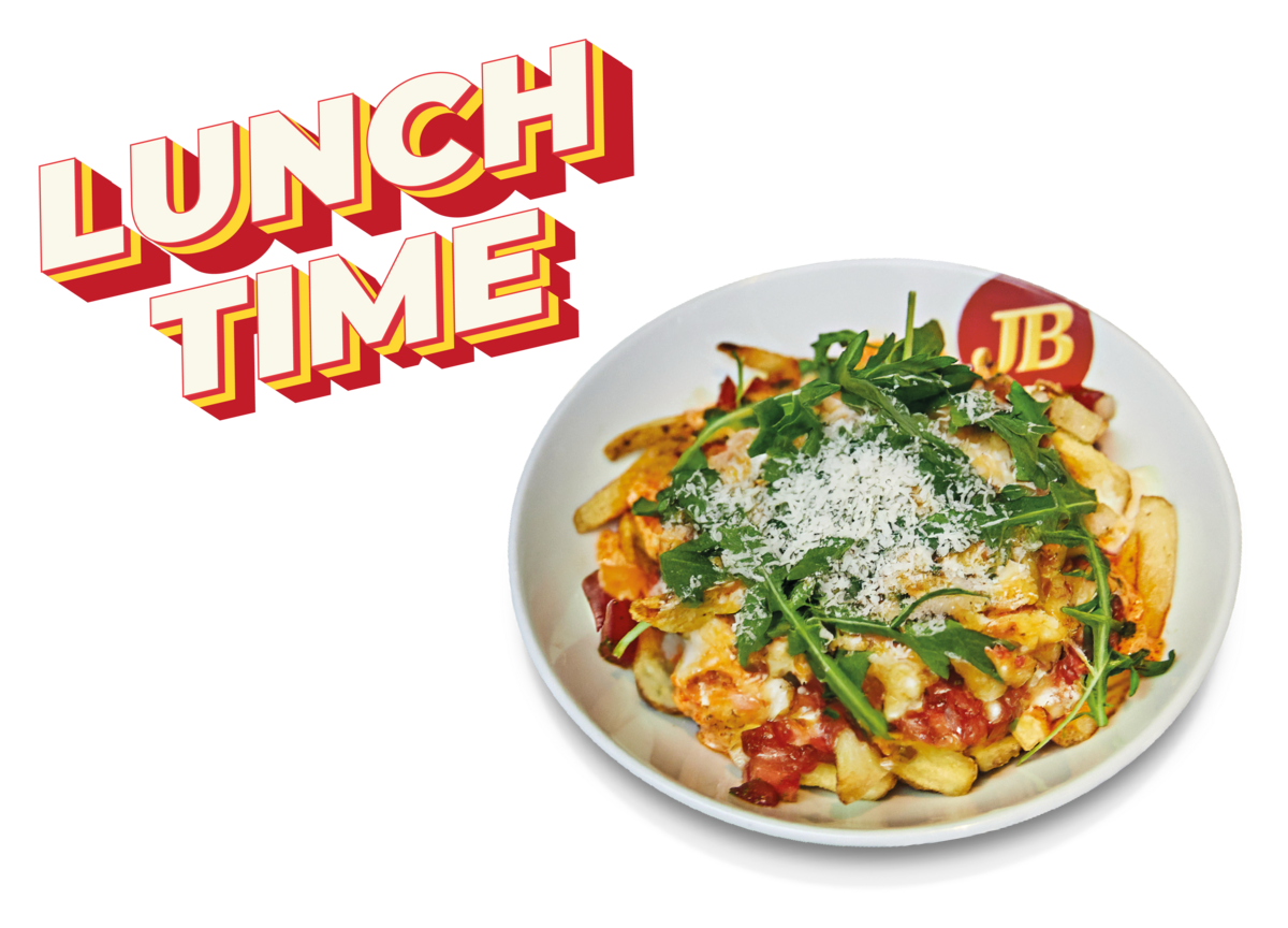 Jim Block Lunch Time Mittwoch Lunch Time Motiv mit Loaded Fries Italian – serviert mit Tomatensalsa, Madurai Sauce, Grana Padano und frischem Rucola
