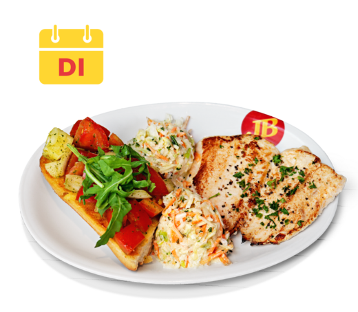 Jim Block Lunch Time Dienstag Gegrilltes Hähnchenbrustfilet mit Bruschetta und zwei Kugeln Coleslaw auf einem JB-Teller. Lunch Time am Dienstag.